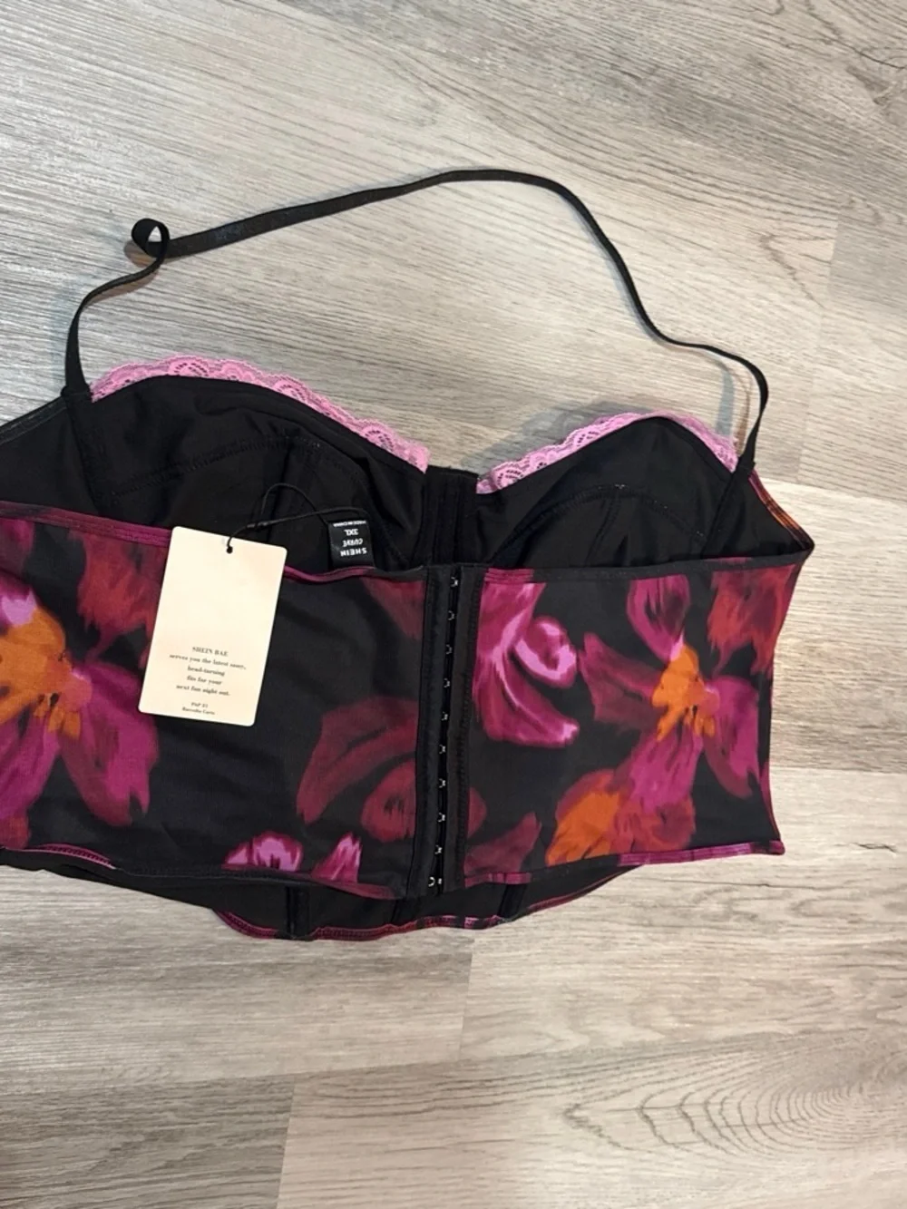 SHEIN Pink & Black Floral Lace-Trim Bustier Top - Picture 2 of 2